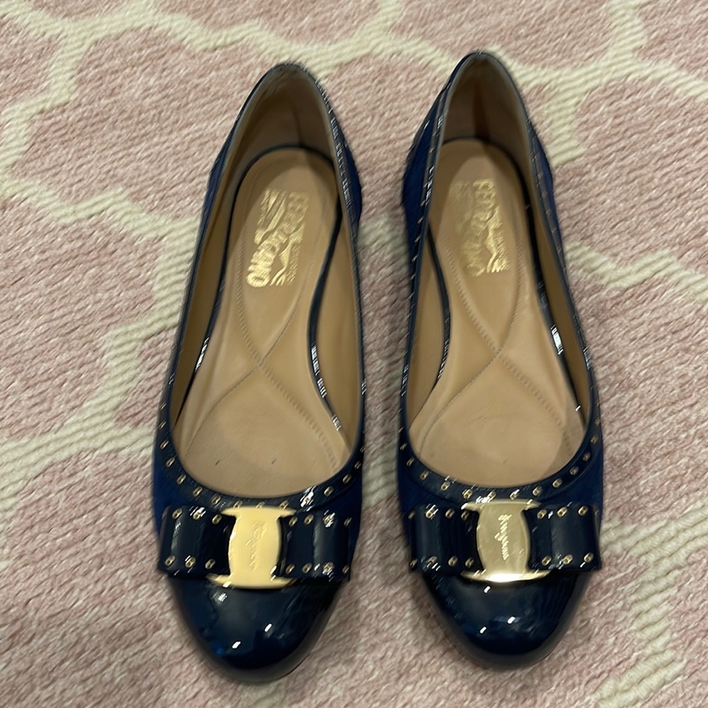 Ferragamo Navy Glitter Ballet Flats
